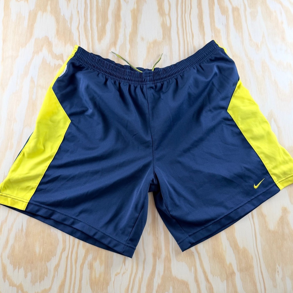 Y2k Nike Soccer Gray Tag Men L Navy Blue Yellow Athletic Training Shorts‎ Swoosh